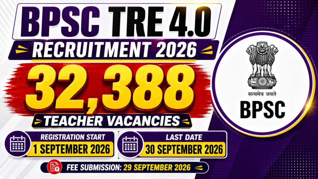 BPSC TRE 4.0 Recruitment 2026 में 32,388 शिक्षक पद, रजिस्ट्रेशन 1 सितंबर से 30 सितंबर 2026 तक