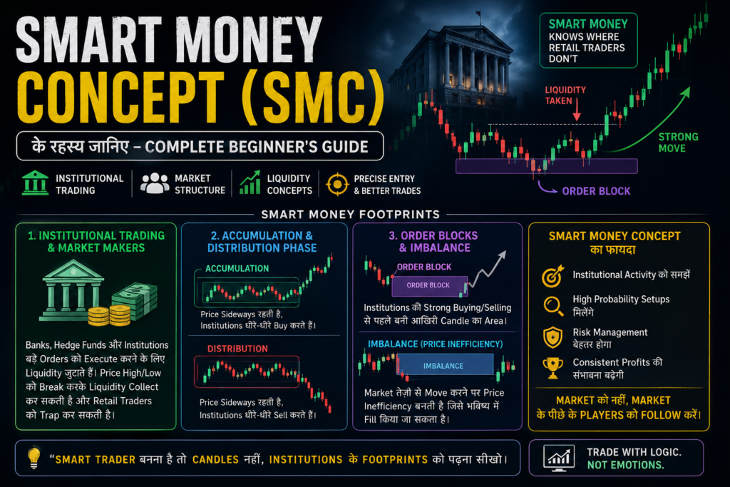 Smart Money Concept (SMC) infographic in Hindi explaining institutional trading, market structure, liquidity concepts, accumulation, distribution, order blocks, imbalance, and smart money footprints for beginner traders.