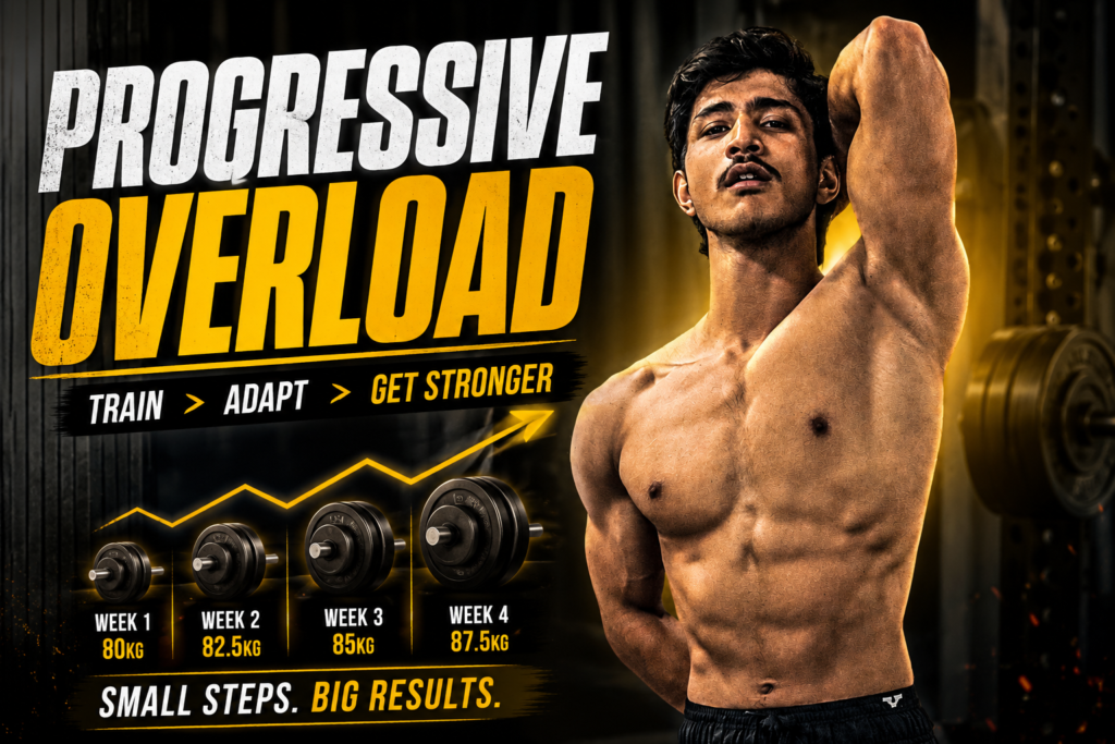 Lean muscular man demonstrating progressive overload in a gym with bold text, increasing weight progression chart, and strength training concept for muscle growth.