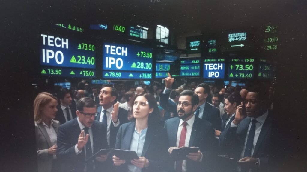 IPO illustration showing a company launching its Initial Public Offering on the stock market