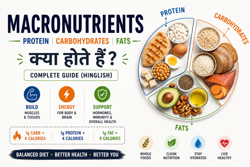 Macronutrients infographic showing protein, carbohydrates and healthy fats with food sources, calorie values and body functions.