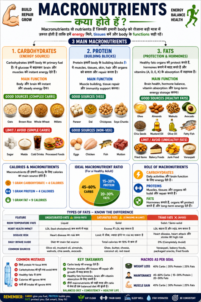 Macronutrients explained showing protein carbohydrates and healthy foods