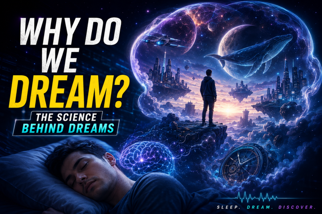 Sci-fi inspired illustration of a sleeping person dreaming about futuristic worlds, space, and brain activity representing the science behind dreams and REM sleep.