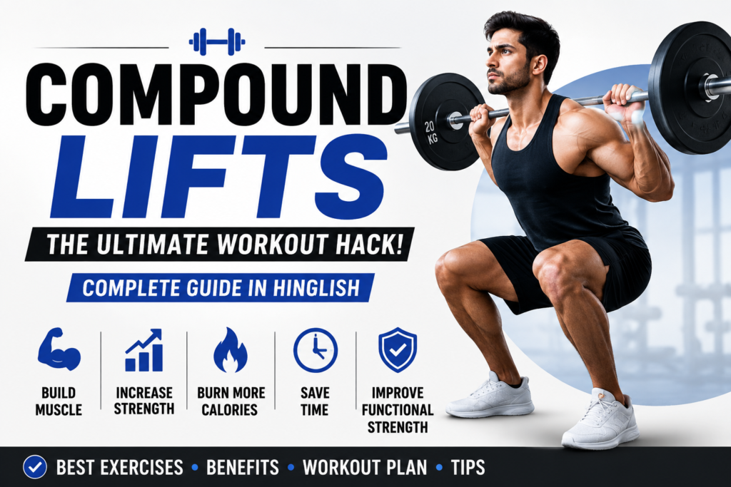 Compound Lifts guide thumbnail featuring a man performing barbell squats with text highlighting the best compound exercises for muscle growth and strength training.