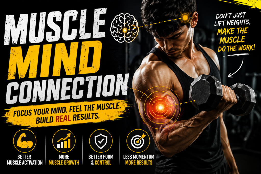 Muscular man performing a dumbbell bicep curl demonstrating muscle mind connection for improved muscle activation, strength, and hypertrophy.