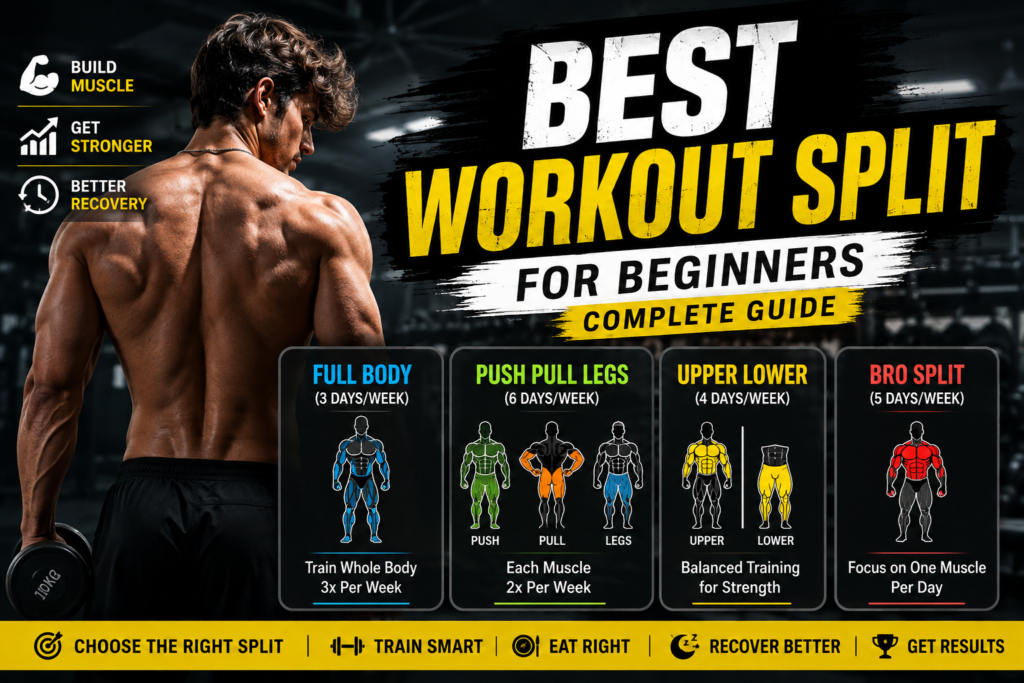 Best Workout Split for Beginners featuring Full Body, Push Pull Legs, Upper Lower and Bro Split workout routines