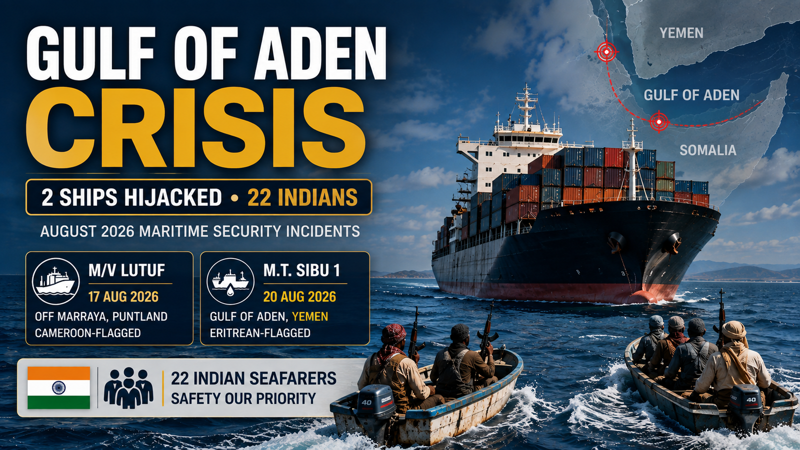 Gulf of Aden crisis showing two hijacked ships M/V LUTUF and M.T. Sibu 1 with 22 Indian seafarers at risk