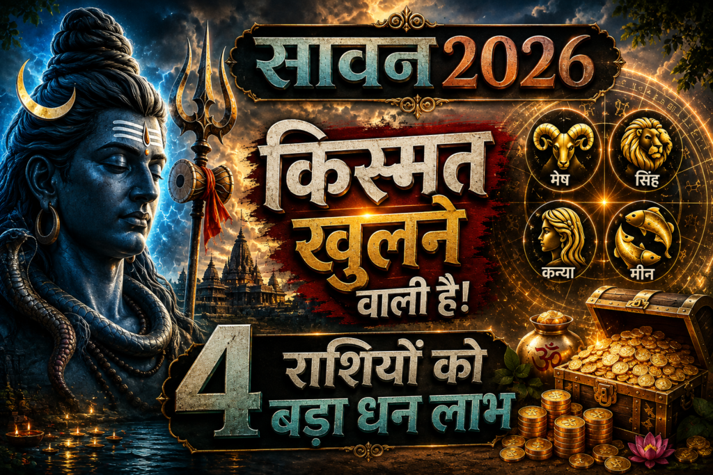 सावन 2026 शिव सोमवार राजयोग में भगवान शिव की कृपा से 4 राशियों को धन लाभ और किस्मत खुलने का संकेत