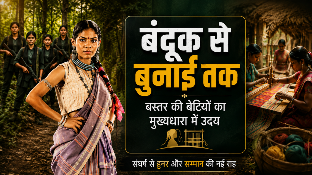 बस्तर की आदिवासी महिलाएं बंदूक से बुनाई और मुख्यधारा की ओर बढ़ते बदलाव को दर्शाती हुई